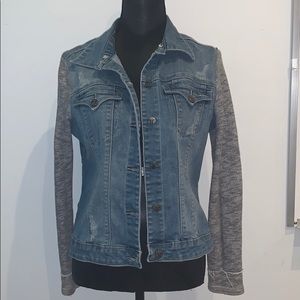 Tractr denim jacket with sweatshirt sleeves